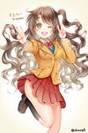  ;d bad_id bad_twitter_id brown_eyes brown_hair double_v idolmaster idolmaster_cinderella_girls long_hair looking_at_viewer one_eye_closed one_side_up open_mouth school_uniform shainea shimamura_uzuki smile solo v 