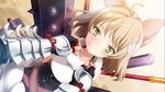  adjusting_clothes ahoge animal_ears arm_guards armor behind_back black_gloves blonde_hair blush buttons close-up club collarbone dutch_angle eiyuu_senki fingerless_gloves flower gloves green_eyes hair_flower hair_ornament looking_at_viewer musashibou_benkei_(eiyuu_senki) official_art out_of_frame polearm pov pov_hands red_ribbon ribbon rod short_hair smile solo_focus spiked_club staff upper_body weapon 