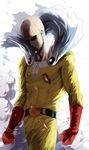  bald belt belt_buckle buckle cape cowboy_shot gloves highres kkuwa male_focus no_eyes one-punch_man red_gloves saitama_(one-punch_man) shaded_face smoke solo superhero torn_cape torn_clothes walking white_background white_cape 
