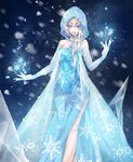  blonde_hair blue_eyes braid cape dress elsa_(frozen) frozen_(disney) hair_over_shoulder hood long_hair side_slit single_braid snowflakes solo zhen_panxie 