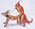  2016 anal anal_penetration anthro antlers blood brown_fur cervine claws collar couple deer dragon ear_piercing fur gunther_silves horn leash male male/male mammal nipples nude on_fours penetration piercing precum roe_deer scalie simple_background smile tattoo traditional_media_(artwork) wounded 