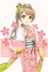  2016 brown_eyes brown_hair floral_print highres japanese_clothes kimono long_hair long_sleeves love_live! love_live!_school_idol_project minami_kotori obi open_mouth sash side_ponytail smile solo tucana very_long_hair wide_sleeves 
