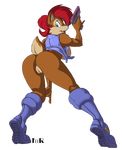  2013 alpha_channel anthro boots breasts brown_fur butt chipmunk clothing edit female footwear fur gun handgun looking_back mammal open_mouth pistol pussy raised_tail ranged_weapon rodent sally_acorn side_boob solo sonic_(series) teer vest weapon 