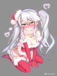 bare_shoulders bell blush breasts christmas cleavage elbow_gloves full_body gloves green_eyes grey_background hair_between_eyes hair_ornament hat heart hitotose_rin long_hair looking_at_viewer medium_breasts red_gloves revision santa_costume santa_hat sennen_sensou_aigis sidelocks silver_hair simple_background sitting skull_hair_ornament solo sybilla twintails twitter_username very_long_hair wariza 
