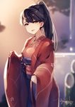  :d black_hair commentary_request hakama houshou_(kantai_collection) japanese_clothes kantai_collection kimono kyouya_(mukuro238) looking_at_viewer open_mouth ponytail purple_eyes smile solo 
