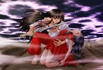  1girl alternate_form artist_request baggy_pants bare_legs barefoot black_hair blood borrowed_garments brown_hair closed_eyes floating_hair higurashi_kagome holding injury inuyasha inuyasha_(character) katana kneeling long_hair looking_at_viewer pants parted_lips red_pants serious sword unconscious weapon wind 