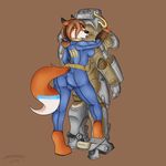  2015 anthro balls big_breasts breasts butt canine clothed clothing crossover dickgirl fallout fur hair intersex looking_at_viewer machine mammal masamaki power_armor side_boob simple_background skin_tight_suit video_games 