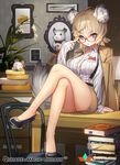  ahoge animal_ears bare_legs blonde_hair blue_eyes book book_stack breasts chair cheese_wheel crossed_legs desk file_cabinet glasses high_heels indoors jacket keep_calm_and_carry_on large_breasts looking_at_viewer mouse mouse_ears mouse_tail pencil_skirt picture_(object) picture_frame qurare_magic_library red-framed_eyewear short_hair sitting skirt solo tail whoisshe 