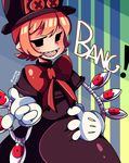  bow bowtie dress english female gloves half-closed_eyes hat highres looking_at_viewer mechanical_arms orange_hair peacock_(skullgirls) red_eyes ribbon sharp_teeth short_hair shotahunter skullgirls smile solo text top_hat white_gloves 