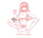  bottomless bra breasts censored covered_nipples erection futanari hair_between_eyes hand_on_own_knee hanyuu higurashi_no_naku_koro_ni horns huge_penis huge_testicles large_breasts light_smile long_hair monochrome motion_blur older penis solo spread_legs squatting testicles the_golden_smurf underwear 