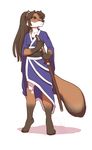  2014 anthro black_hair brown_eyes brown_fur brown_hair canine clothed clothing digital_media_(artwork) female fluffy_tail fox fur hair katana kittydee long_hair mammal melee_weapon multicolored_fur samurai simple_background solo standing sword warrior weapon white_background white_fur white_sclera 