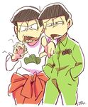  arm_on_shoulder artist_name bad_id bad_twitter_id brothers brown_hair clothes_around_waist cowboy_shot hands_in_pockets jumpsuit long_sleeves male_focus matsuno_choromatsu matsuno_osomatsu multiple_boys open_mouth osomatsu-kun osomatsu-san pointing pointing_at_viewer pulaco sharp_teeth siblings simple_background teeth white_background 