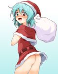  ass bag blue_hair blush embarrassed hat heterochromia highres kei_(nicoseiga) miniskirt no_panties santa_costume santa_hat skirt solo tatara_kogasa touhou 