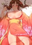  blush breasts breasts_apart brown_eyes brown_hair drunk floral_print idolmaster idolmaster_cinderella_girls japanese_clothes kimono large_breasts looking_at_viewer lying margamoid no_panties obi on_back open_clothes open_kimono open_mouth sash solo totoki_airi twintails 