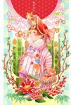  720_72 animal animal_on_head bamboo basket blue_background bonnet brown_hair camellia cat cat_on_head checkered checkered_background cherry_blossoms doll floral_print flower full_body fur_trim haori japanese_clothes kimono looking_up on_head original pom_pom_(clothes) short_hair smile solo standing striped 