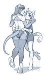  anthro butt clothed clothing duo feline female garter high_heels invalid_tag kittydee mammal monochrome mouse open_mouth panties rodent simple_background smile standing stripes underwear white_background 