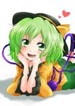  :d blouse bow chin_rest green_eyes green_hair hands_on_own_face hat hat_bow heart komeiji_koishi looking_at_viewer lying on_stomach open_mouth shoes short_hair skirt smile socks solo third_eye touhou unya 