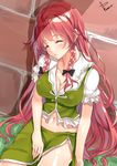  against_wall braid breasts cleavage closed_eyes collarbone hong_meiling large_breasts long_hair midriff navel puffy_short_sleeves puffy_sleeves red_hair shirt short_sleeves sitting skirt skirt_set sleeping sleeping_upright solo thighs touhou twin_braids very_long_hair vest wall yappen 