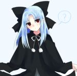  ? black_bow black_coat blue_background blue_hair blush bow dress dress_lift empty_eyes hair_bow head_tilt large_bow len long_hair looking_at_viewer melty_blood pointy_ears pom_pom_(clothes) red_eyes simple_background solo spoken_question_mark tanaji tsukihime tsurime 