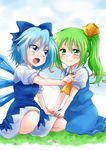 blue_bow blue_dress blue_eyes blue_hair bow cirno daiyousei dress fairy_wings grass green_eyes green_hair hair_bow hair_ribbon ice ice_wings kneeling multiple_girls open_mouth pointing ribbon short_hair short_sleeves side_ponytail touhou translucent_hair unya wings 