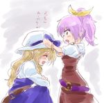  ^_^ ^o^ adjusting_another's_clothes blonde_hair blush_stickers bow bracelet closed_eyes commentary cowboy_shot dress hair_ribbon hat hat_bow jewelry long_hair multiple_girls open_mouth ponytail profile purple_eyes purple_hair ribbon short_hair siblings sisters sketch smile touhou translated unya watatsuki_no_toyohime watatsuki_no_yorihime younger 