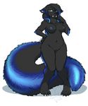  anthro areola big_tail breasts canine eyewear fangs featureless_crotch female fur glasses grey_fur hair invalid_tag kittydee looking_at_viewer mammal multicolored_hair navel nipples nude simple_background smile solo standing teeth two_tone_hair white_background wolf 