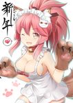  2016 animal_ears apron bell bell_collar breasts cleavage collar collarbone fang fate/grand_order fate_(series) fox_ears fox_tail gloves hair_ribbon heart large_breasts long_hair looking_at_viewer maid_headdress naked_apron one_eye_closed open_mouth paw_gloves paws pink_hair ribbon sandarumi solo speech_bubble tail tamamo_(fate)_(all) tamamo_cat_(fate) thighhighs white_legwear yellow_eyes 