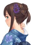 blush brown_hair close-up expressionless floral_print folded_hair from_behind from_side green_eyes idolmaster idolmaster_cinderella_girls japanese_clothes kimono looking_at_viewer looking_back nape ponytail profile shibuya_rin short_hair sidelocks simple_background solo sweatdrop tamakaga upper_body white_background 
