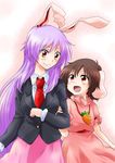  animal_ears arm_holding black_hair blazer bunny_ears carrot_necklace eye_contact inaba_tewi jacket long_hair looking_at_another multiple_girls necktie purple_hair red_eyes red_neckwear reisen_udongein_inaba short_hair short_sleeves smile touhou unya very_long_hair 