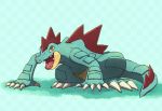  blue_background checkered checkered_background claws creatures_(company) feraligatr full_body game_freak gen_2_pokemon looking_at_viewer nintendo no_humans open_mouth pokemon pokemon_(creature) sharp_teeth shiwo_(siwosi) simple_background teeth yellow_eyes 