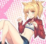  :o animal_ears bandeau belt blonde_hair blush breasts cat_ears cleavage cropped_jacket cutoffs denim denim_shorts dutch_angle eyebrows eyebrows_visible_through_hair fate/apocrypha fate_(series) g.t green_eyes highres jewelry kemonomimi_mode long_sleeves midriff mordred_(fate) mordred_(fate)_(all) navel necklace open_mouth paw_pose pendant ponytail red_scrunchie scrunchie short_shorts shorts sitting small_breasts solo strapless thighs unzipped v-shaped_eyebrows 