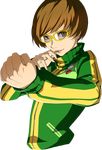  brown_eyes brown_hair clenched_hand finger_to_mouth glasses looking_at_viewer official_art persona persona_4 persona_4_the_golden satonaka_chie short_hair soejima_shigenori solo transparent_background upper_body 