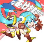  2016 :d animal_ears banana blue_eyes blue_hair boots food fruit gloves hairband happy_new_year hatsune_miku highres long_hair looking_at_viewer monkey_ears monkey_tail new_year open_mouth saitou_naoki skirt smile solo striped striped_legwear tail thighhighs very_long_hair vocaloid 