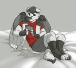  anthro bed canine clothed clothing hybrid invalid_tag kittydee male mammal simple_background sitting smile solo wings wolf 