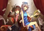  black_hair blue_dress china_dress chinese_clothes doll dress feng_you green_eyes hairband hat luo_tianyi multiple_girls necktie red_eyes red_neckwear short_hair silver_hair smile vocaloid vocanese yuezheng_ling 