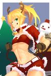  :q antlers bandeau bell belt breasts christmas covered_nipples fake_antlers fate/apocrypha fate/grand_order fate_(series) fur_trim gloves green_eyes highres i-pan jacket midriff mordred_(fate) mordred_(fate)_(all) navel ponytail red_scrunchie reindeer_antlers reins santa_costume scrunchie short_shorts shorts small_breasts snowman solo strapless tongue tongue_out 