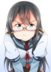  :t armlet bent_over black_hair blue_eyes blush brown-framed_eyewear brown_hair close-up commentary_request glasses hairband highres hip_vent holding kantai_collection long_hair long_sleeves looking_at_viewer necktie ooyodo_(kantai_collection) pout red_neckwear red_ribbon ribbon school_uniform semi-rimless_eyewear simple_background solo under-rim_eyewear upper_body very_long_hair white_background yasume_yukito 