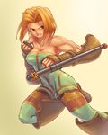  bare_shoulders blonde_hair boots brass_knuckles breasts brown_eyes cleavage final_fantasy final_fantasy_tactics gauntlets gloves medium_breasts momigara_(mmgrkmnk) monk_(fft) muscle muscular_female short_hair simple_background solo tonfa unitard weapon 