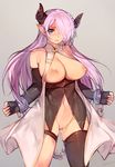  areolae bare_shoulders black_gloves blue_eyes breasts breasts_outside chain chained clenched_teeth demon_horns detached_sleeves draph elbow_gloves fingerless_gloves gloves granblue_fantasy groin hair_ornament hair_over_one_eye highres horns large_breasts lavender_hair long_hair looking_at_viewer mukka narmaya_(granblue_fantasy) nipples pointy_ears pussy pussy_juice single_thighhigh skindentation solo teeth thighhighs 