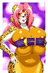  abstract_background anthro belt big_breasts blush breast_squish breasts cheetah feline female hair huge_breasts mammal nipples pink_hair pose red_eyes slightly_chubby solo speeds 