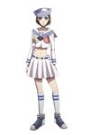  black_eyes black_hair crop_top dixie_cup_hat full_body genderswap genderswap_(mtf) hat higashikata_jousuke_(jojolion) highres jojo_no_kimyou_na_bouken jojolion kneehighs midriff military_hat navel pleated_skirt sailor_collar shoes skirt sneakers solo transparent_background umino_mo_kuzu 