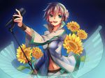  aqua_eyes bad_id bad_pixiv_id brown_hair feng_you flower hair_flower hair_ornament microphone navel open_mouth short_hair solo sunflower vocaloid vocanese yanhe 