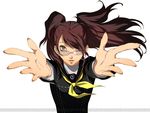  brown_eyes brown_hair foreshortening glasses kujikawa_rise long_hair looking_at_viewer official_art outstretched_arms persona persona_4 persona_4_the_golden reaching_out simple_background soejima_shigenori solo twintails watermark white_background 