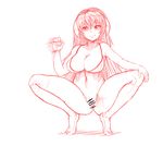  bottomless bra breasts censored covered_nipples full_body hair_between_eyes hand_on_own_knee handjob_gesture hanyuu higurashi_no_naku_koro_ni horns large_breasts light_smile long_hair monochrome motion_blur no_panties older pussy solo spread_legs squatting the_golden_smurf underwear 