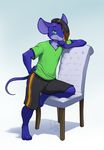  anthro blue_fur chair clothed clothing fur hair invalid_tag kittydee looking_at_viewer male mammal mouse multicolored_hair rodent simple_background smile solo two_tone_hair 