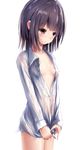  bad_id bad_pixiv_id black_eyes black_hair breasts highres missile228 naked_shirt open_clothes open_shirt original see-through shirt simple_background small_breasts solo wet wet_clothes wet_shirt white_background white_shirt 