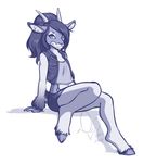  anthro blue_fur blue_hair cervine clothed clothing deer female fur hair half-closed_eyes hooves horn kittydee looking_at_viewer mammal navel signy simple_background sitting smile solo white_background 