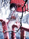  alt_(apou) branch brown_eyes brown_hair flower japanese_clothes kimono obi oriental_umbrella pale_skin sash see-through smile snow snowing solo tabi tree umbrella 