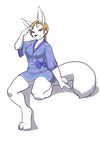  anthro blonde_hair breasts canine clothed clothing female fox fur hair half-closed_eyes invalid_tag kittydee looking_at_viewer mammal robe simple_background smile solo white_background white_fur 