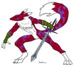  absurd_res anthro arlin armor athletic black_nose black_sclera blue_eyes bracers canine chest_fur chest_tuft digimon fan_character featureless_crotch fighting_stance fox fur hi_res longsword male mammal markings melee_weapon muscular muscular_male pose purple_markings rainsingingdragon red_fur renamon simple_background solo sword tattoo tuft weapon white_background white_fur 